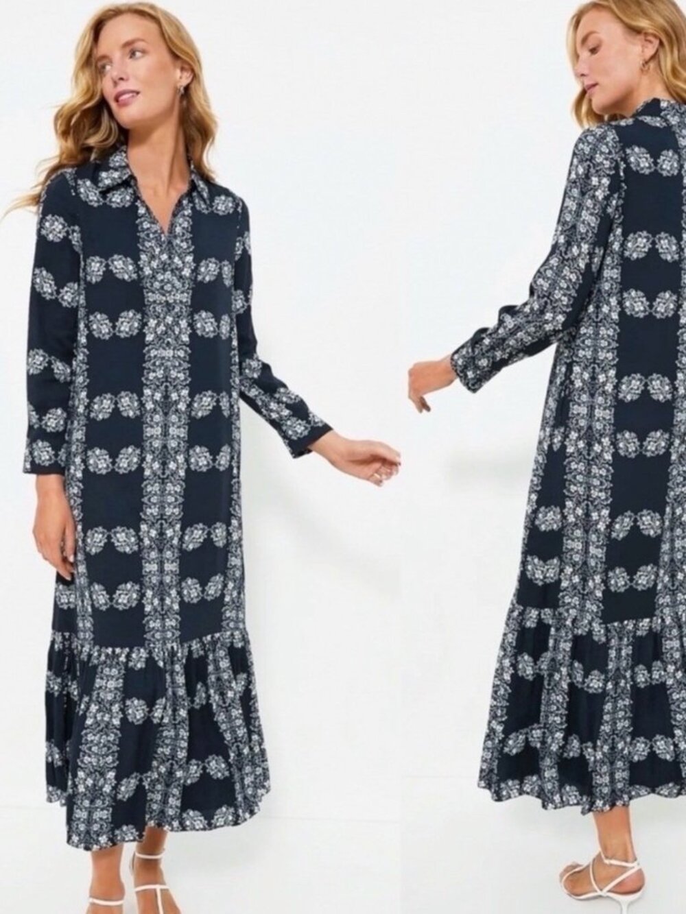 Hyacinth House Tuckernuck Miller Navy Floral Maxi Shirt Dress Small